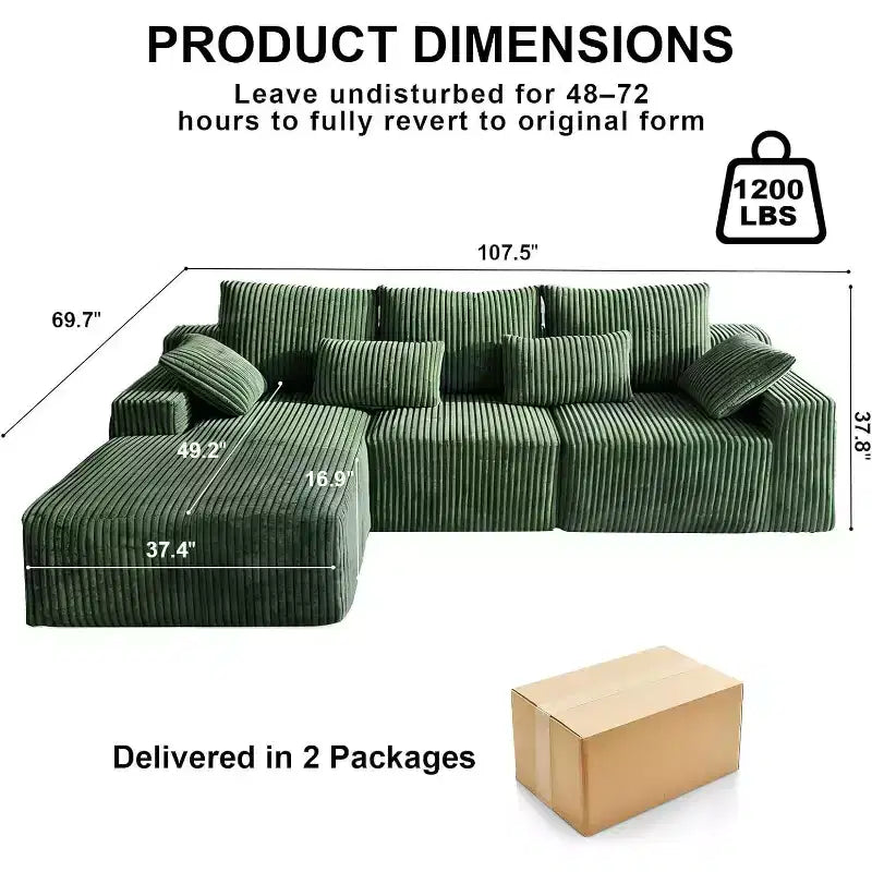 MooxvMoo Divano senza braccioli a L 107.5 con Chaise longue e cuscini decorativi, Divano sezionale modulare in velluto a coste peluche per soggiorno, Verde