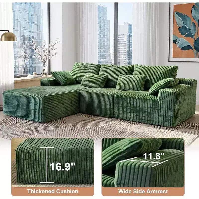 MooxvMoo Divano senza braccioli a L 107.5 con Chaise longue e cuscini decorativi, Divano sezionale modulare in velluto a coste peluche per soggiorno, Verde