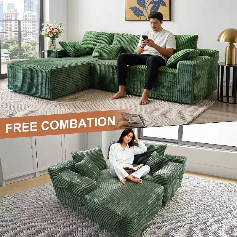 MooxvMoo Divano senza braccioli a L 107.5 con Chaise longue e cuscini decorativi, Divano sezionale modulare in velluto a coste peluche per soggiorno, Verde