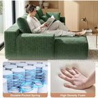 MooxvMoo Divano senza braccioli a L 107.5 con Chaise longue e cuscini decorativi, Divano sezionale modulare in velluto a coste peluche per soggiorno, Verde