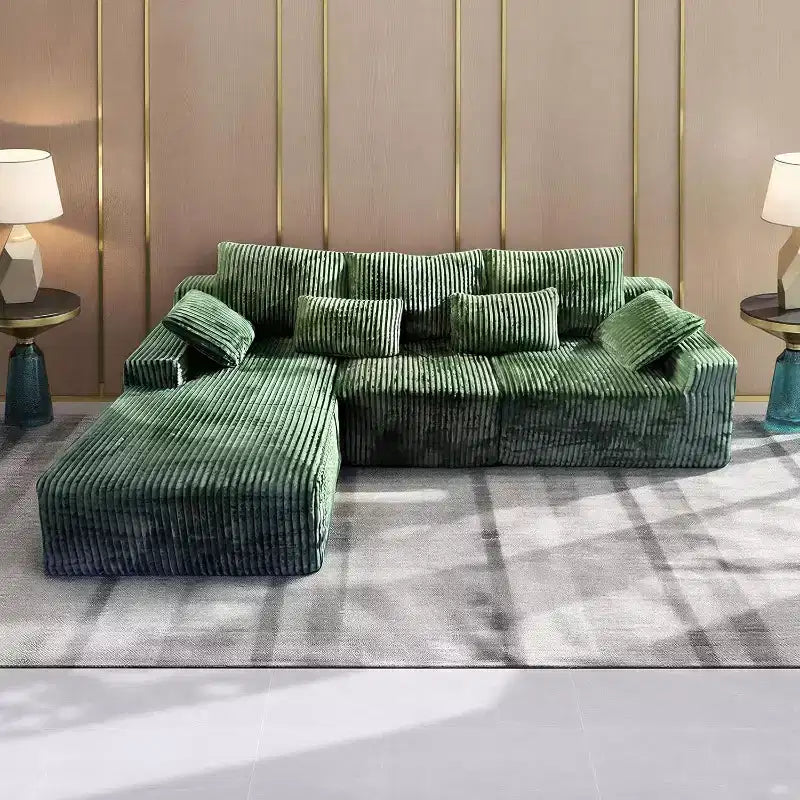 MooxvMoo Divano senza braccioli a L 107.5 con Chaise longue e cuscini decorativi, Divano sezionale modulare in velluto a coste peluche per soggiorno, Verde