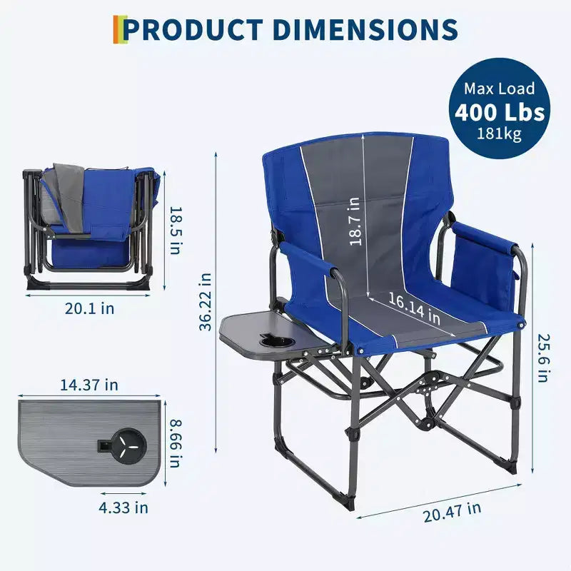 Set di 2 sedie da regista pieghevoli oversize, sedie da campeggio portatili resistenti con tavolino laterale e tasca portaoggetti, supportano 180 kg