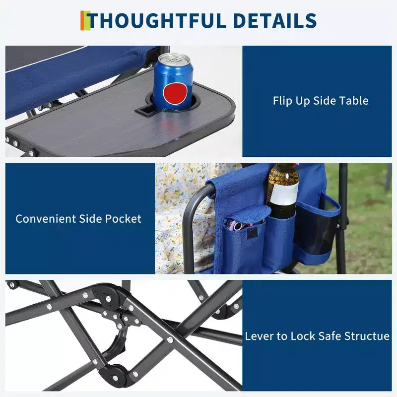 Set di 2 sedie da regista pieghevoli oversize, sedie da campeggio portatili resistenti con tavolino laterale e tasca portaoggetti, supportano 180 kg