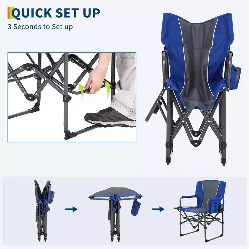 Set di 2 sedie da regista pieghevoli oversize, sedie da campeggio portatili resistenti con tavolino laterale e tasca portaoggetti, supportano 180 kg