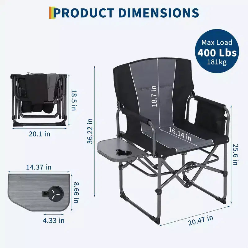Set di 2 sedie da regista pieghevoli oversize, sedie da campeggio portatili resistenti con tavolino laterale e tasca portaoggetti, supportano 180 kg