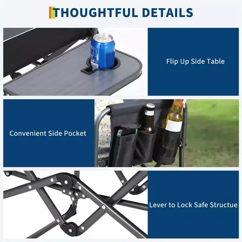 Set di 2 sedie da regista pieghevoli oversize, sedie da campeggio portatili resistenti con tavolino laterale e tasca portaoggetti, supportano 180 kg