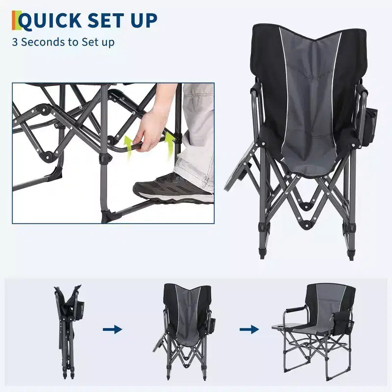 Set di 2 sedie da regista pieghevoli oversize, sedie da campeggio portatili resistenti con tavolino laterale e tasca portaoggetti, supportano 180 kg
