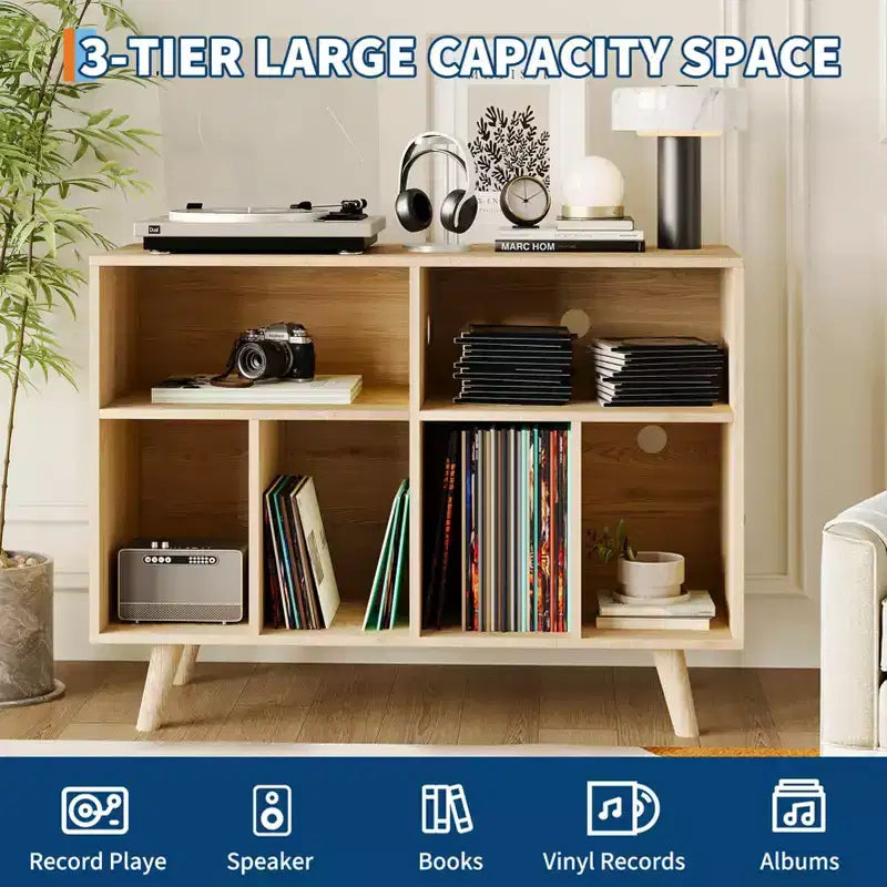 39.5 In Modern Record Player Stand with Charging Station, Engineered Wood Turntable Cabinet Holds 350+ Vinyl Albums, for Living Room, Bedroom, Office