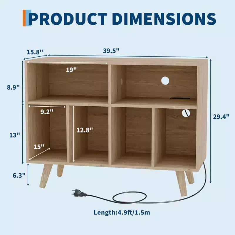 39.5 In Modern Record Player Stand with Charging Station, Engineered Wood Turntable Cabinet Holds 350+ Vinyl Albums, for Living Room, Bedroom, Office