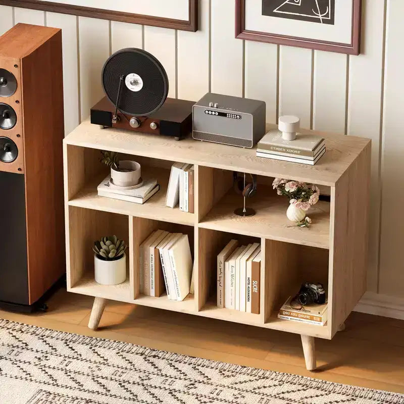 39.5 In Modern Record Player Stand with Charging Station, Engineered Wood Turntable Cabinet Holds 350+ Vinyl Albums, for Living Room, Bedroom, Office