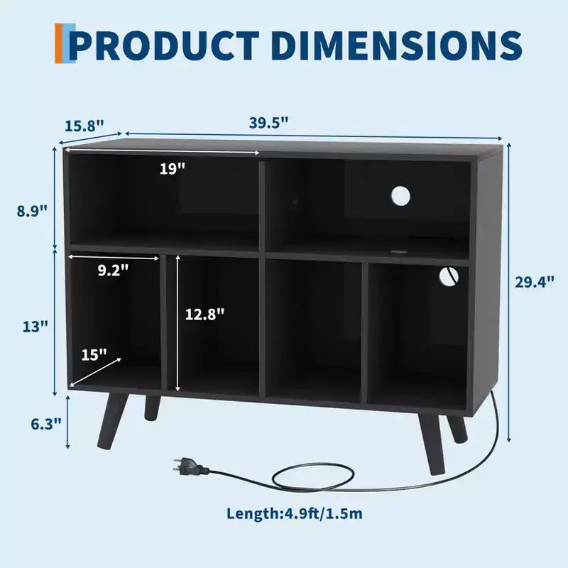 39.5 In Modern Record Player Stand with Charging Station, Engineered Wood Turntable Cabinet Holds 350+ Vinyl Albums, for Living Room, Bedroom, Office