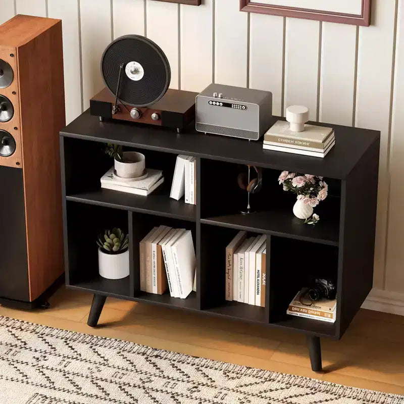 39.5 In Modern Record Player Stand with Charging Station, Engineered Wood Turntable Cabinet Holds 350+ Vinyl Albums, for Living Room, Bedroom, Office