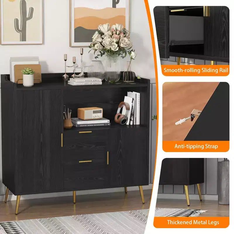 Set of 2 Modern Buffet Cabinet with Drawers, 40 Sideboard Storage with Shelves & Doors for Kitchen Dining Room