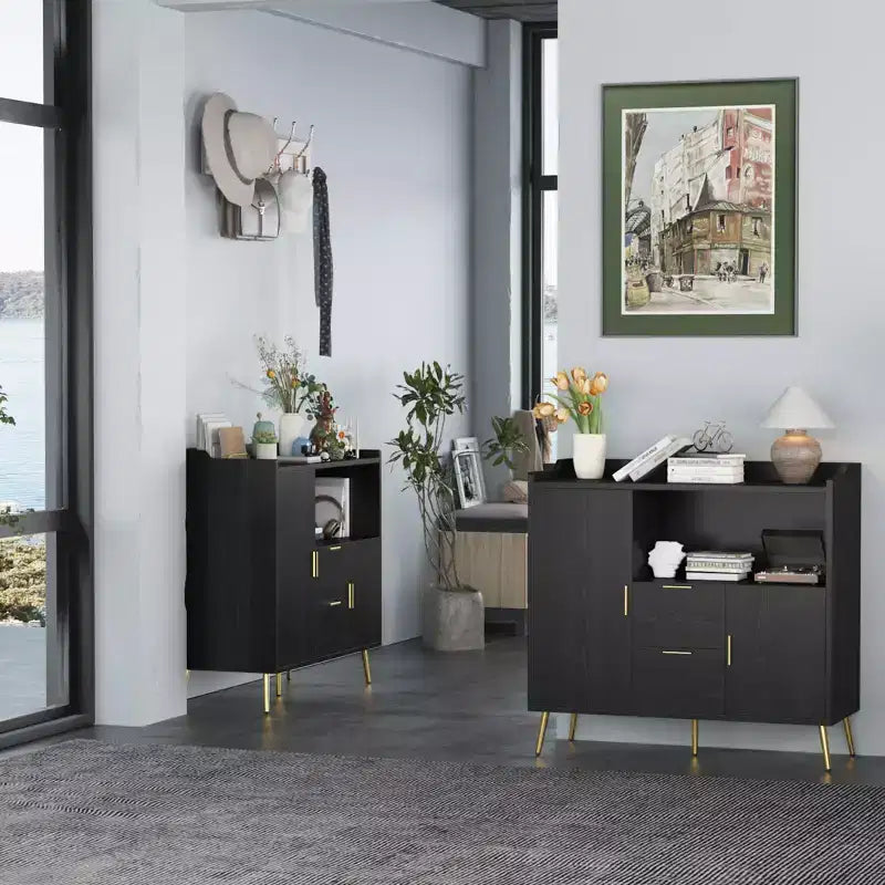 Set of 2 Modern Buffet Cabinet with Drawers, 40 Sideboard Storage with Shelves & Doors for Kitchen Dining Room