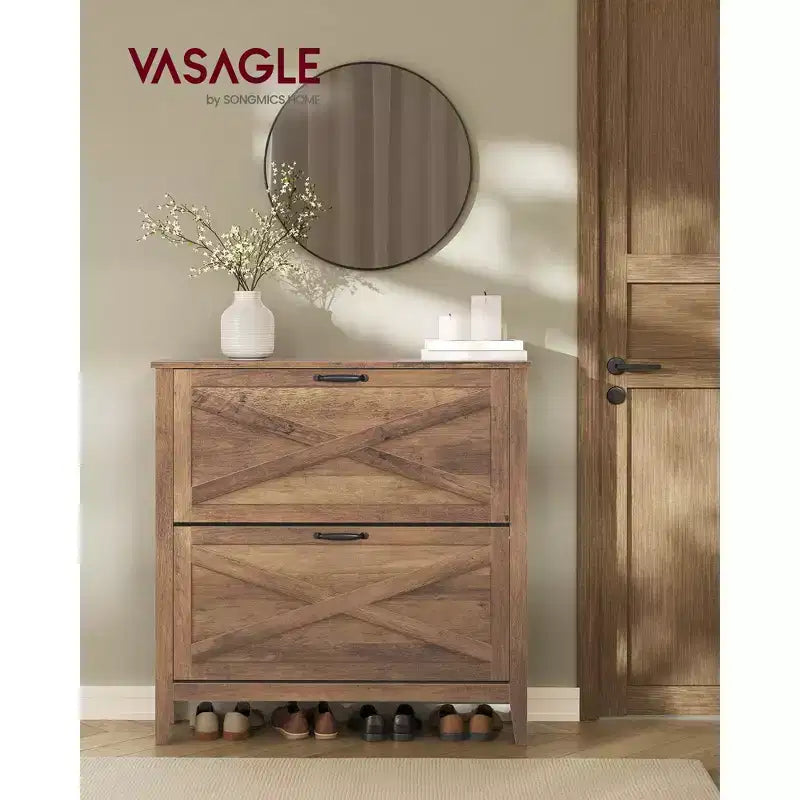 VASAGLE Collezione LIRY - Scarpiera Organizzatore con 2 Cassetti a Ribalta, Scarpiera Stretta Indipendente, Contiene da 12 a 16 Paia, Marrone Miele