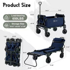 2-in-1 Folding Camping Wagon & Lounge Chair, Large Capacity Carbon Steel Utility Cart w/ 360 All-Terrain Wheels for Beach, Garden & Outdoor
