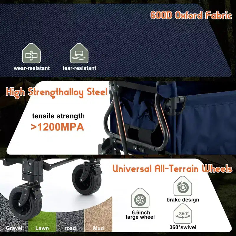 2-in-1 Folding Camping Wagon & Lounge Chair, Large Capacity Carbon Steel Utility Cart w/ 360 All-Terrain Wheels for Beach, Garden & Outdoor