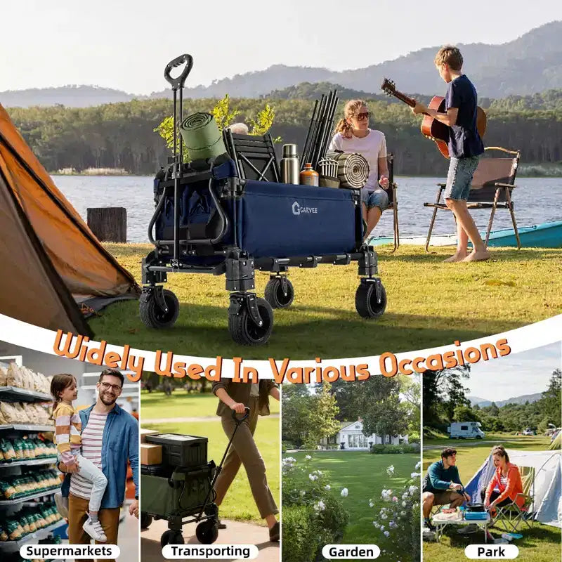 2-in-1 Folding Camping Wagon & Lounge Chair, Large Capacity Carbon Steel Utility Cart w/ 360 All-Terrain Wheels for Beach, Garden & Outdoor