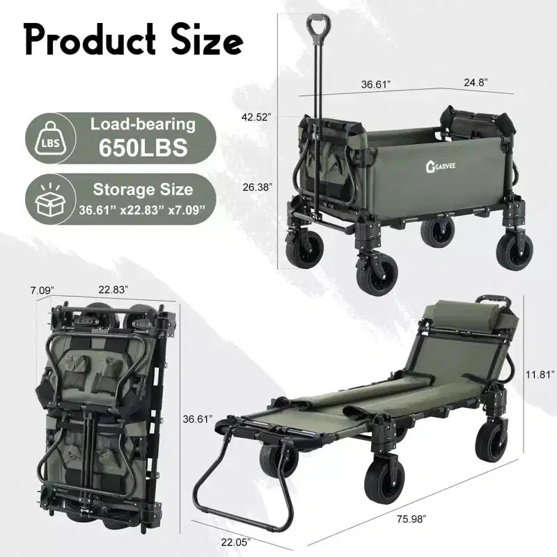 2-in-1 Folding Camping Wagon & Lounge Chair, Large Capacity Carbon Steel Utility Cart w/ 360 All-Terrain Wheels for Beach, Garden & Outdoor
