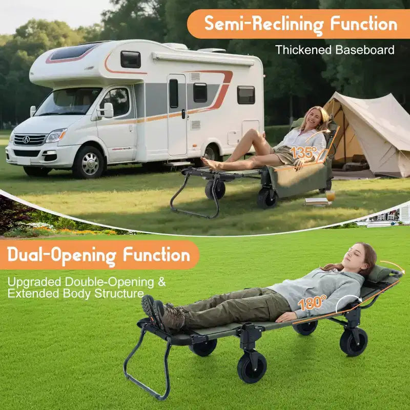 2-in-1 Folding Camping Wagon & Lounge Chair, Large Capacity Carbon Steel Utility Cart w/ 360 All-Terrain Wheels for Beach, Garden & Outdoor