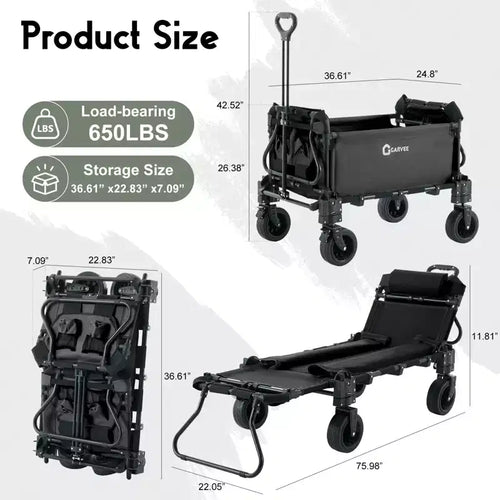 Carrello pieghevole 2-in-1 e sedia a sdraio, carrello multiuso in acciaio al carbonio ad alta capacità con ruote a 360° per tutti i terreni per spiaggia, giardino e attività all'aperto