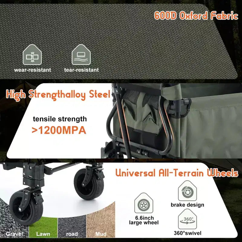 2-in-1 Folding Camping Wagon & Lounge Chair, Large Capacity Carbon Steel Utility Cart w/ 360 All-Terrain Wheels for Beach, Garden & Outdoor