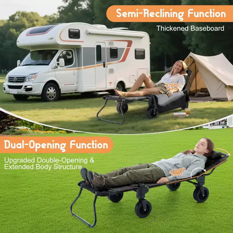 2-in-1 Folding Camping Wagon & Lounge Chair, Large Capacity Carbon Steel Utility Cart w/ 360 All-Terrain Wheels for Beach, Garden & Outdoor