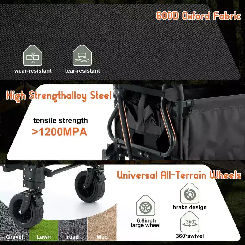 2-in-1 Folding Camping Wagon & Lounge Chair, Large Capacity Carbon Steel Utility Cart w/ 360 All-Terrain Wheels for Beach, Garden & Outdoor