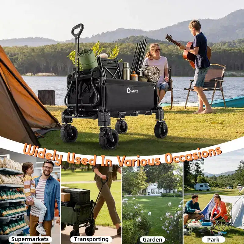 2-in-1 Folding Camping Wagon & Lounge Chair, Large Capacity Carbon Steel Utility Cart w/ 360 All-Terrain Wheels for Beach, Garden & Outdoor