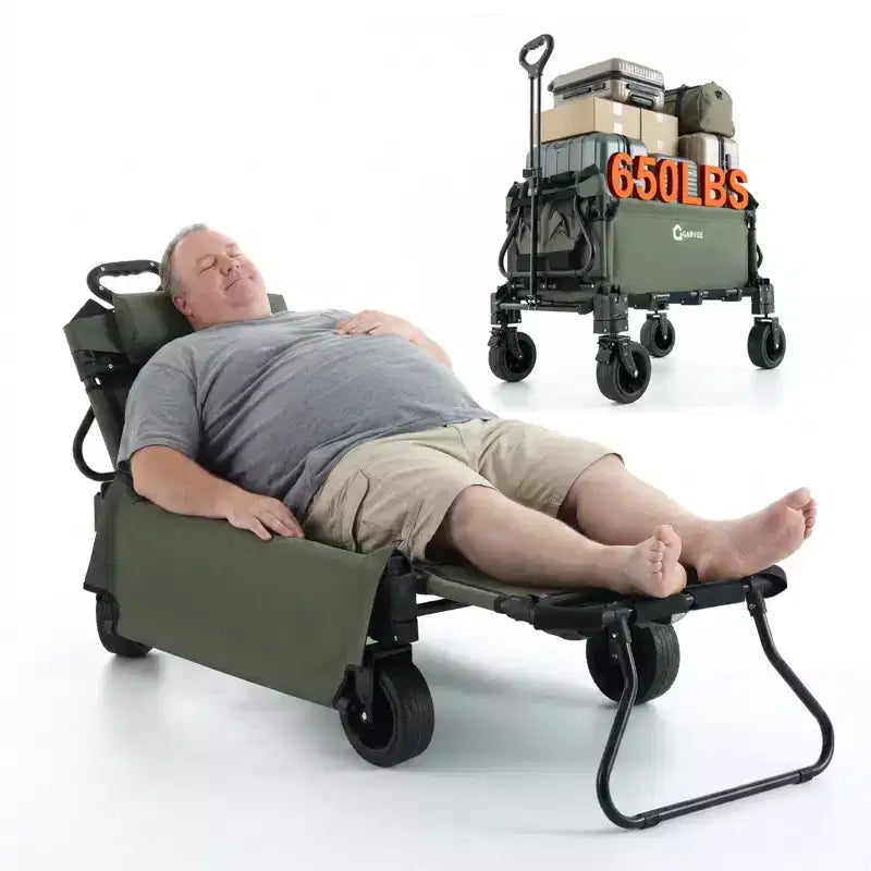 2-in-1 Folding Camping Wagon & Lounge Chair, Large Capacity Carbon Steel Utility Cart w/ 360 All-Terrain Wheels for Beach, Garden & Outdoor