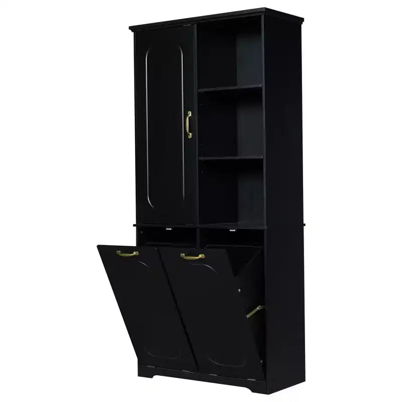 Mobiletto bagno alto da appoggio 68 con 2 cesti portabiancheria inclinabili, ripiani regolabili, anta con chiusura ammortizzata - ModernLuxe