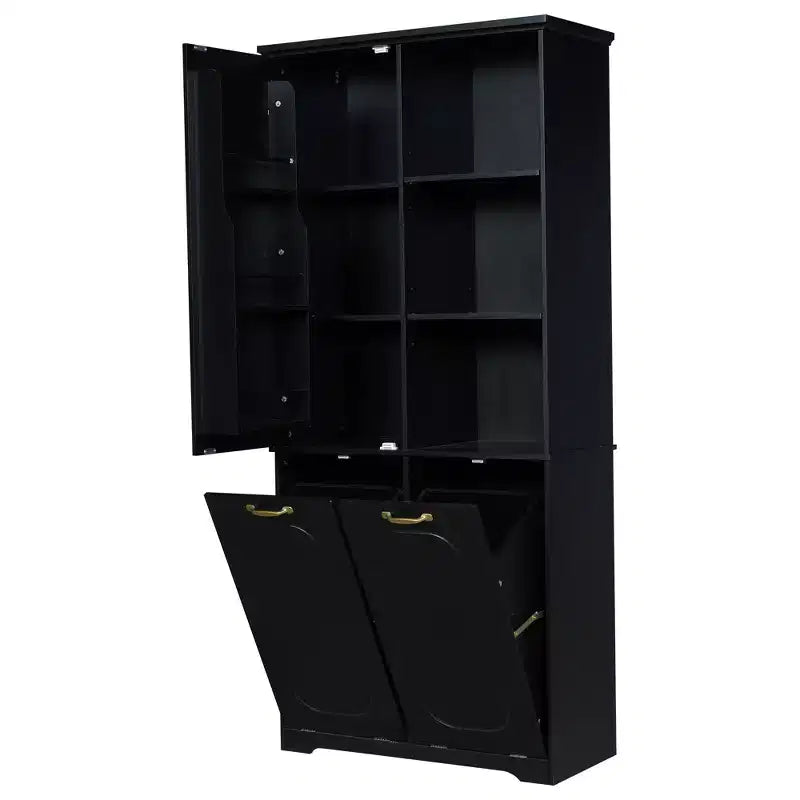 Mobiletto bagno alto da appoggio 68 con 2 cesti portabiancheria inclinabili, ripiani regolabili, anta con chiusura ammortizzata - ModernLuxe
