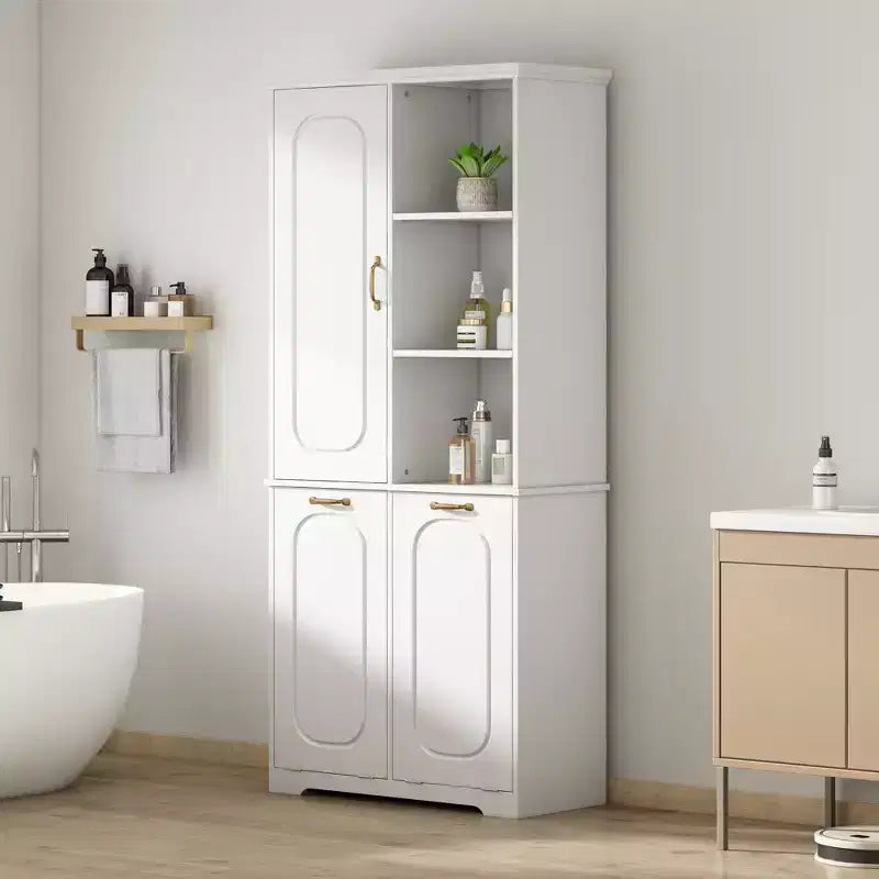 Mobiletto bagno alto da appoggio 68 con 2 cesti portabiancheria inclinabili, ripiani regolabili, anta con chiusura ammortizzata - ModernLuxe