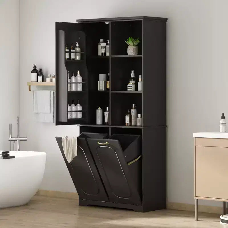 Mobiletto bagno alto da appoggio 68 con 2 cesti portabiancheria inclinabili, ripiani regolabili, anta con chiusura ammortizzata - ModernLuxe