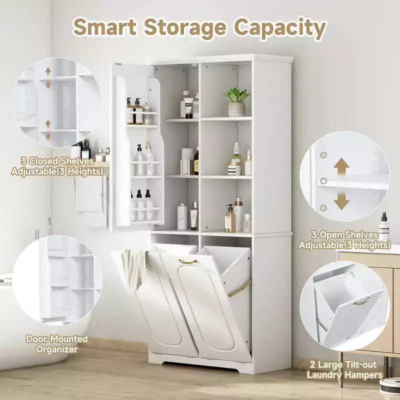 Mobiletto bagno alto da appoggio 68 con 2 cesti portabiancheria inclinabili, ripiani regolabili, anta con chiusura ammortizzata - ModernLuxe
