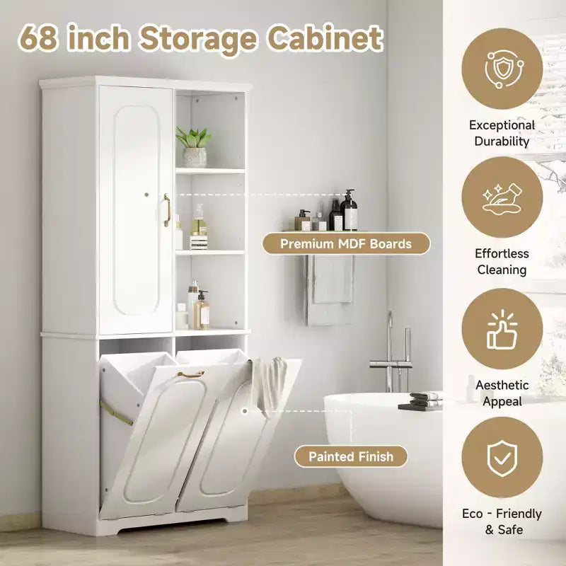 Mobiletto bagno alto da appoggio 68 con 2 cesti portabiancheria inclinabili, ripiani regolabili, anta con chiusura ammortizzata - ModernLuxe