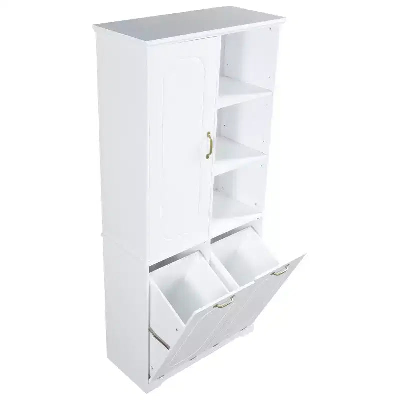 Mobiletto bagno alto da appoggio 68 con 2 cesti portabiancheria inclinabili, ripiani regolabili, anta con chiusura ammortizzata - ModernLuxe