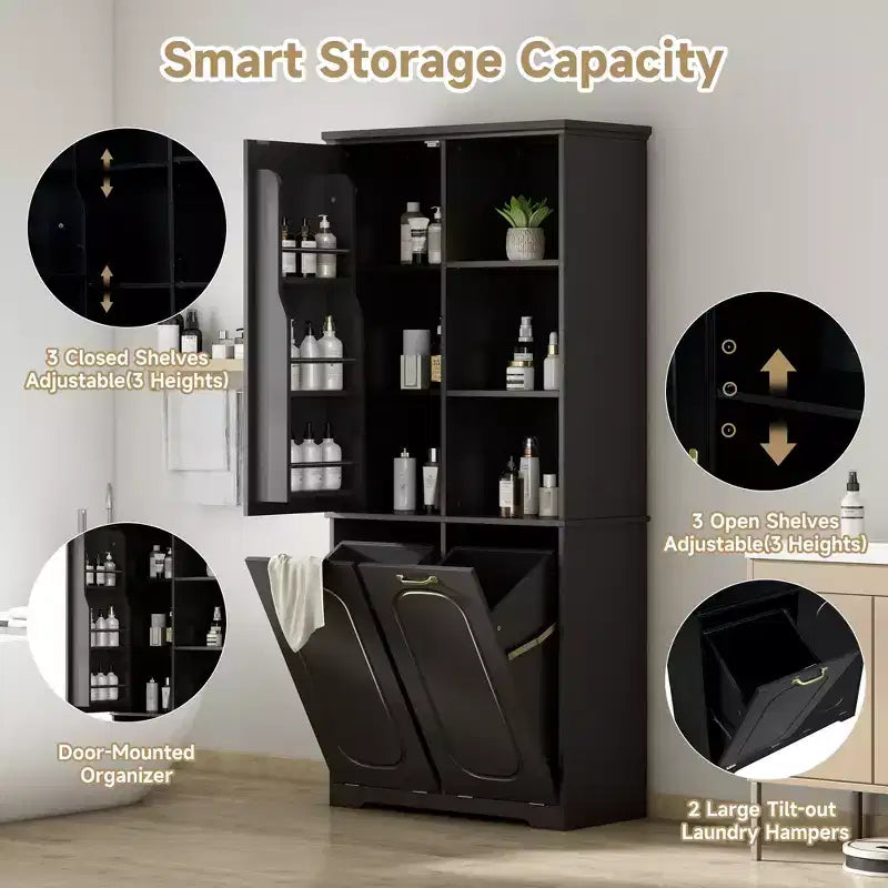 Mobiletto bagno alto da appoggio 68 con 2 cesti portabiancheria inclinabili, ripiani regolabili, anta con chiusura ammortizzata - ModernLuxe