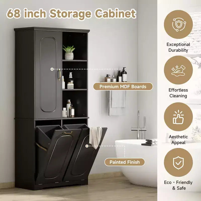 Mobiletto bagno alto da appoggio 68 con 2 cesti portabiancheria inclinabili, ripiani regolabili, anta con chiusura ammortizzata - ModernLuxe
