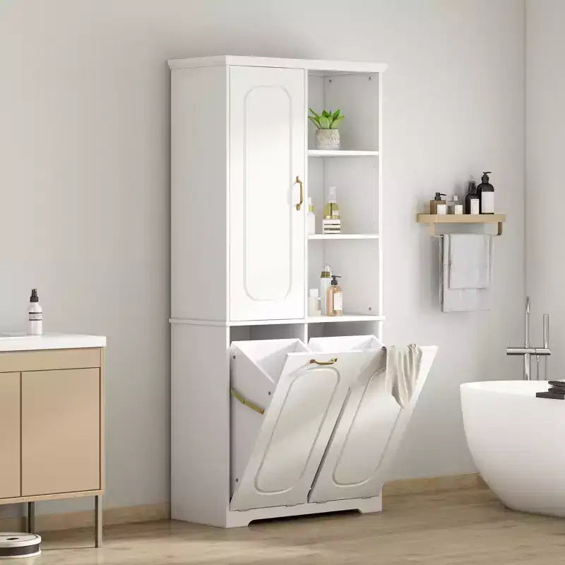 Mobiletto bagno alto da appoggio 68 con 2 cesti portabiancheria inclinabili, ripiani regolabili, anta con chiusura ammortizzata - ModernLuxe