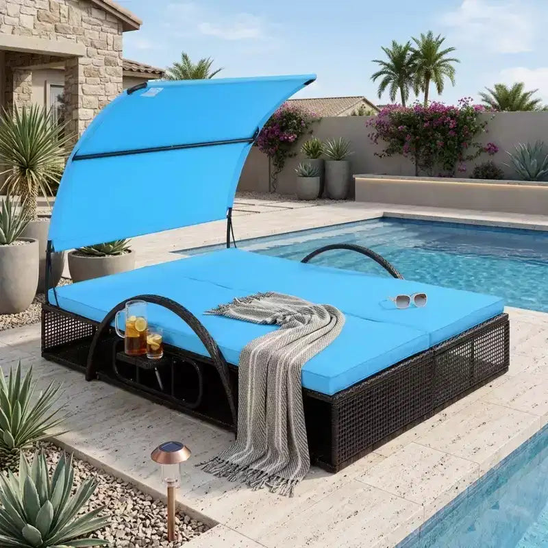 Polibi Outdoor Sun Lounger with Adjustable Backrest, Curved Canopy & Hidden Side Table