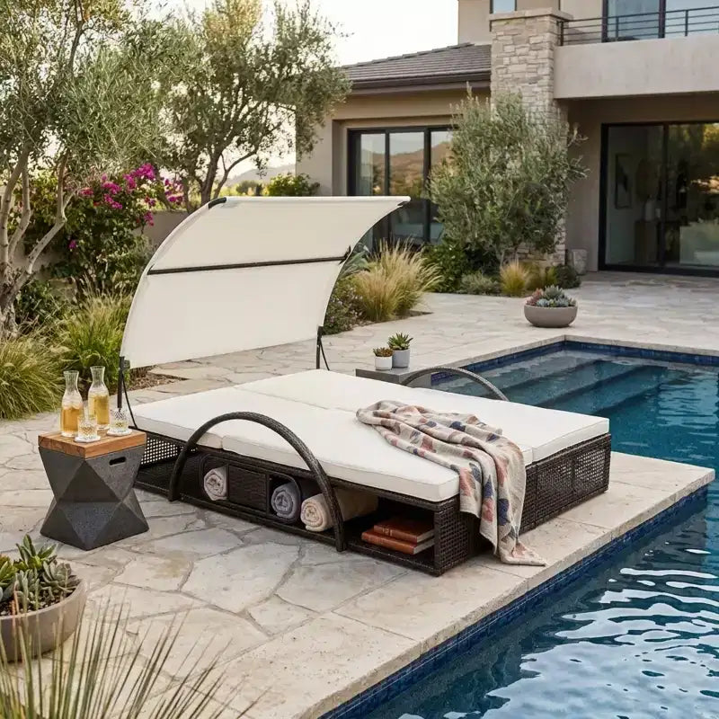 Polibi Outdoor Sun Lounger with Adjustable Backrest, Curved Canopy & Hidden Side Table