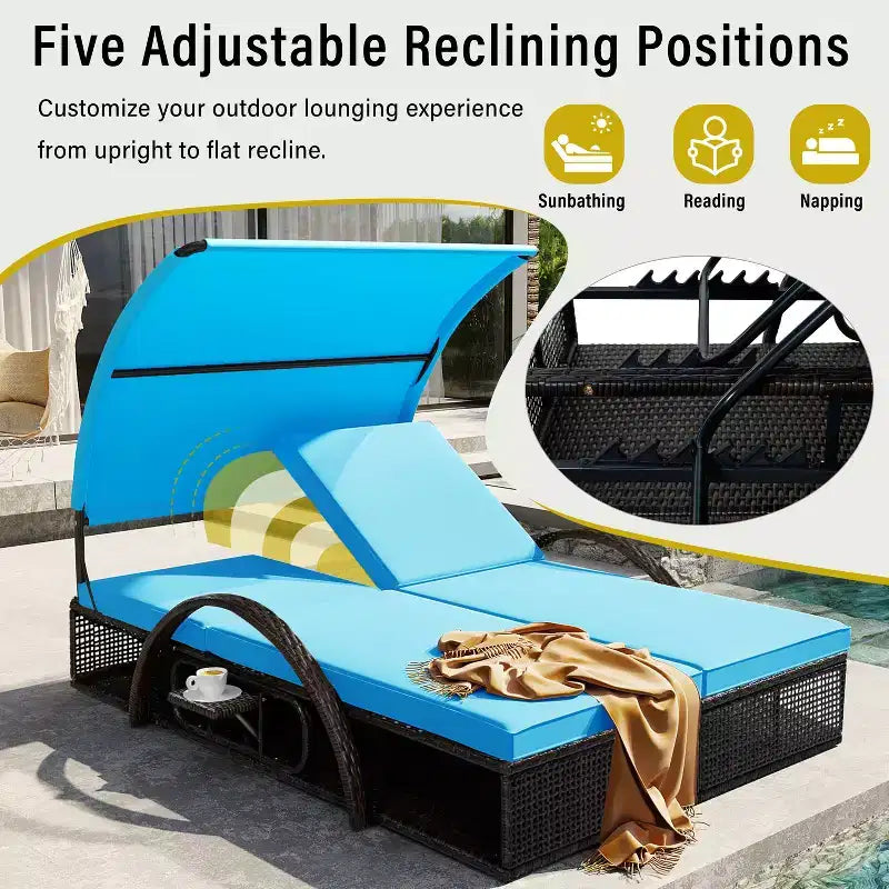 Polibi Outdoor Sun Lounger with Adjustable Backrest, Curved Canopy & Hidden Side Table