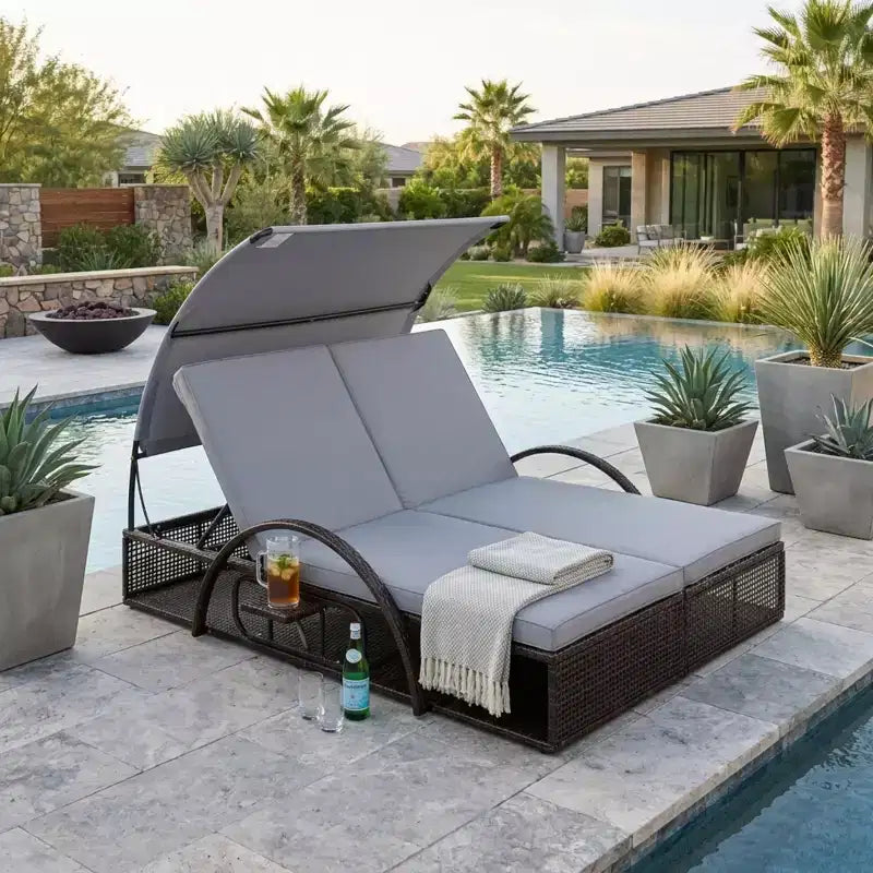 Polibi Outdoor Sun Lounger with Adjustable Backrest, Curved Canopy & Hidden Side Table