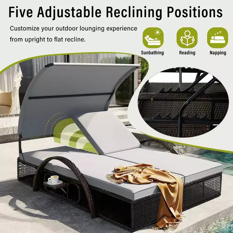 Polibi Outdoor Sun Lounger with Adjustable Backrest, Curved Canopy & Hidden Side Table