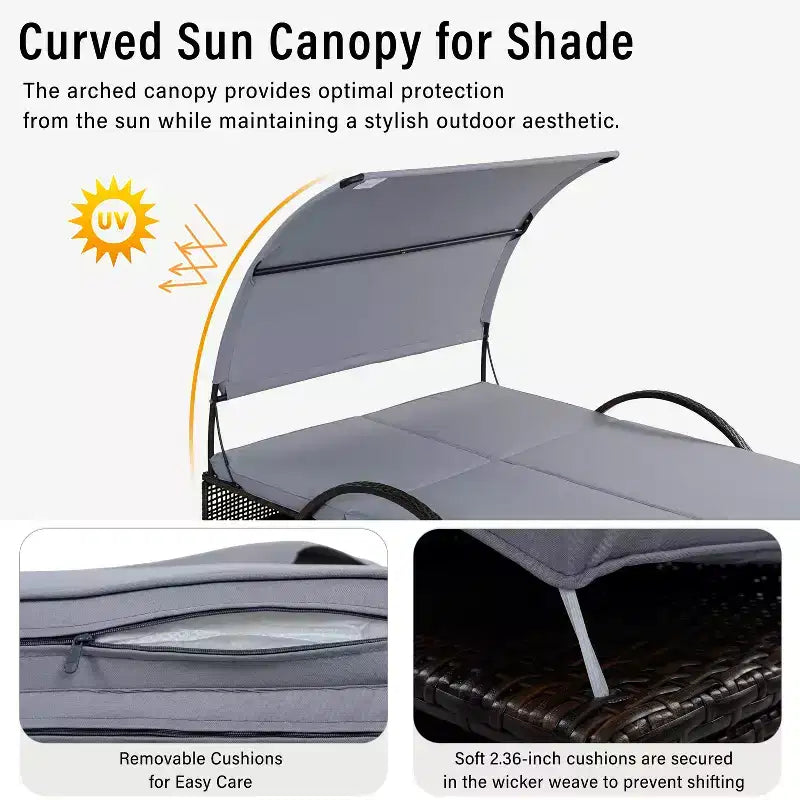Polibi Outdoor Sun Lounger with Adjustable Backrest, Curved Canopy & Hidden Side Table