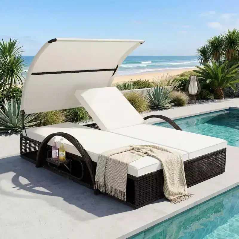 Polibi Outdoor Sun Lounger with Adjustable Backrest, Curved Canopy & Hidden Side Table