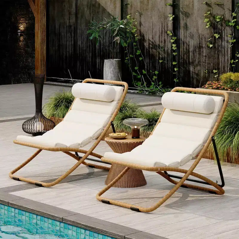 ModernLuxe 2pcs Outdoor Folding Chair Rattan-Wrapped Patio Lounge Chair, Sling Chair with Adjustable Backrest, Thick Cushion & Headrest