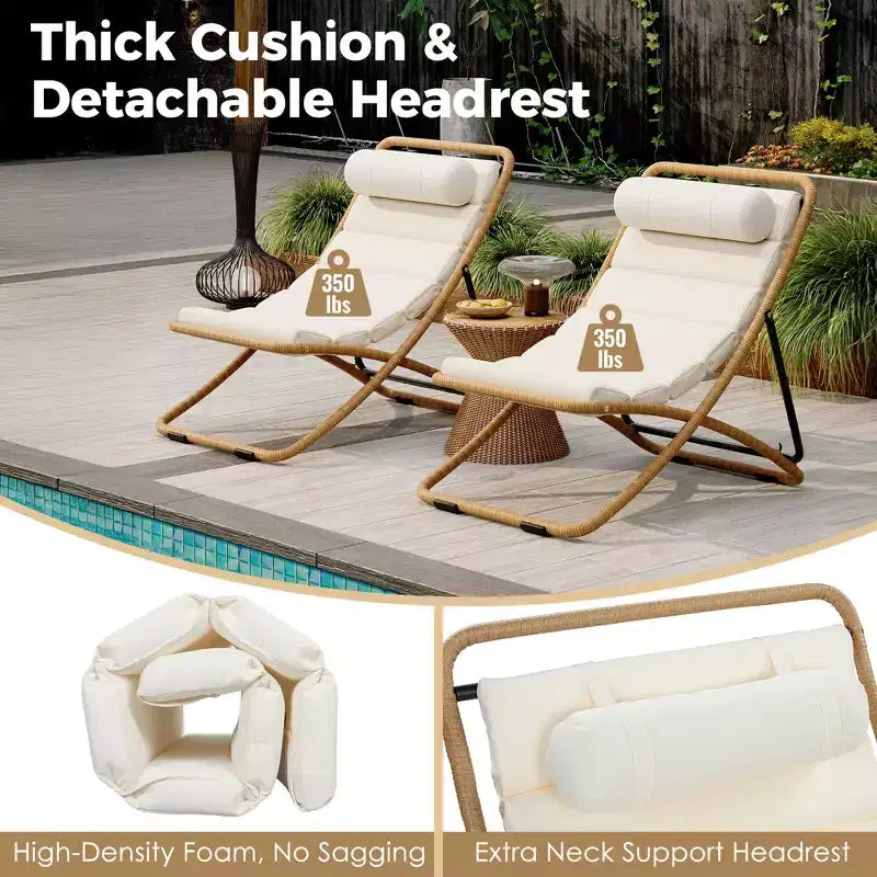 ModernLuxe 2pcs Outdoor Folding Chair Rattan-Wrapped Patio Lounge Chair, Sling Chair with Adjustable Backrest, Thick Cushion & Headrest