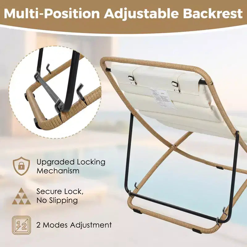 ModernLuxe 2pcs Outdoor Folding Chair Rattan-Wrapped Patio Lounge Chair, Sling Chair with Adjustable Backrest, Thick Cushion & Headrest
